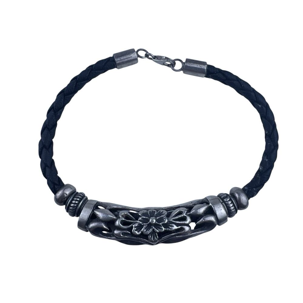Floral Flowers Braided Leather Sterling Silver Bracelet 8"